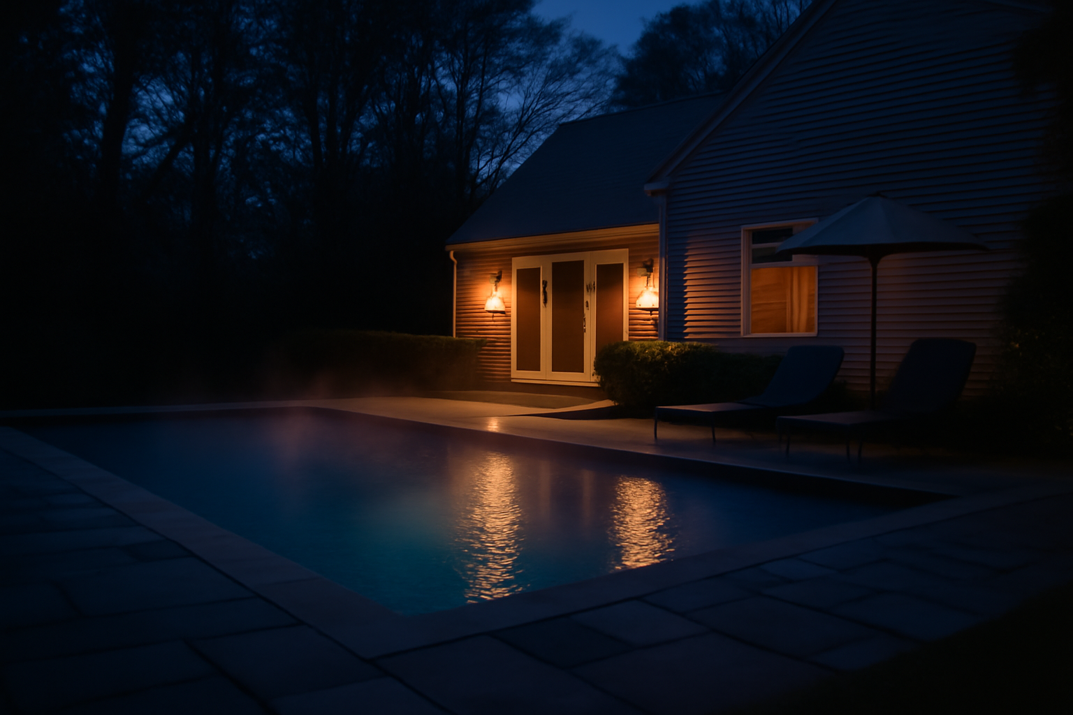 Beautiful New England residential pool in early evening — AquaCal heat pump extended season