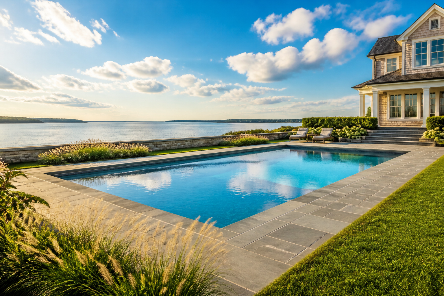 Sunny Rhode Island coastal inground pool with bluestone patio and ocean view